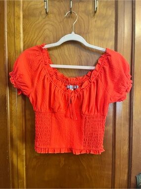Cropped Smocked Peasant Top in Bright Orange